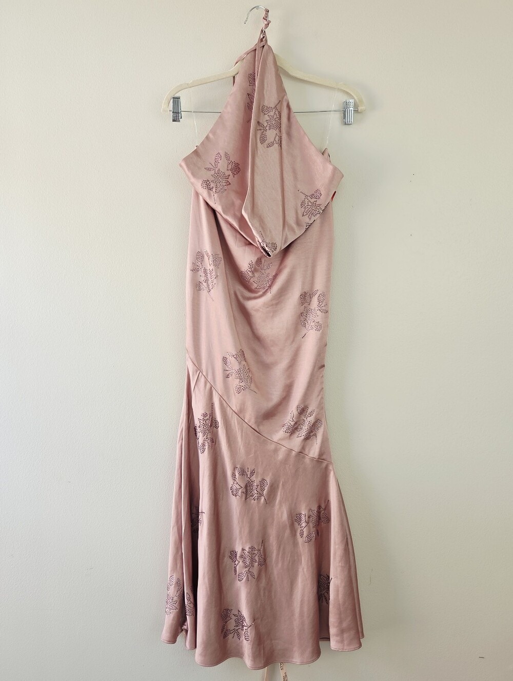 Backless Satin Floral Halter Evening Dress in Dusty Rose - Picture 3 of 9